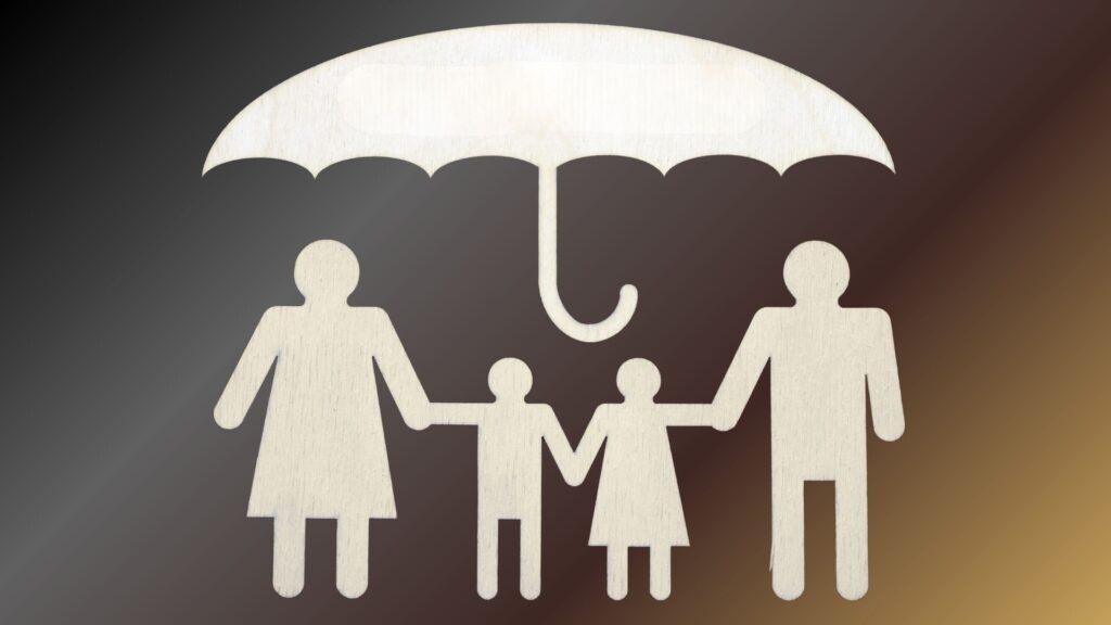 Crown Realty Services financial protection: a golden umbrella protecting a family home from mortgage debts and unforeseen events.