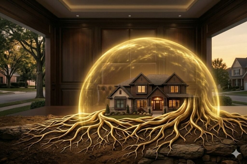 Golden tree with roots protecting a house representing mortgage insurance and family legacy